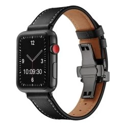 Apple Watch Premium Leather Strap In Black With Deployment Butterfly Clasp APL802