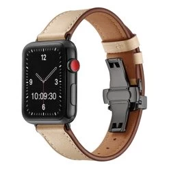 Apple Watch Premium Leather Strap In Beige With Deployment Butterfly Clasp APL803