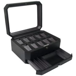 WOLF Windsor Black Watch Storage Box With Drawer For 10 Watches 4586029